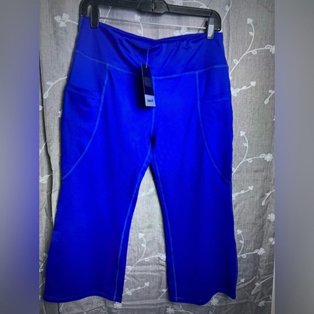Chinfun Womens Blue Performance Yoga Pants Leggings Crop W/Pockets Sz L NWT